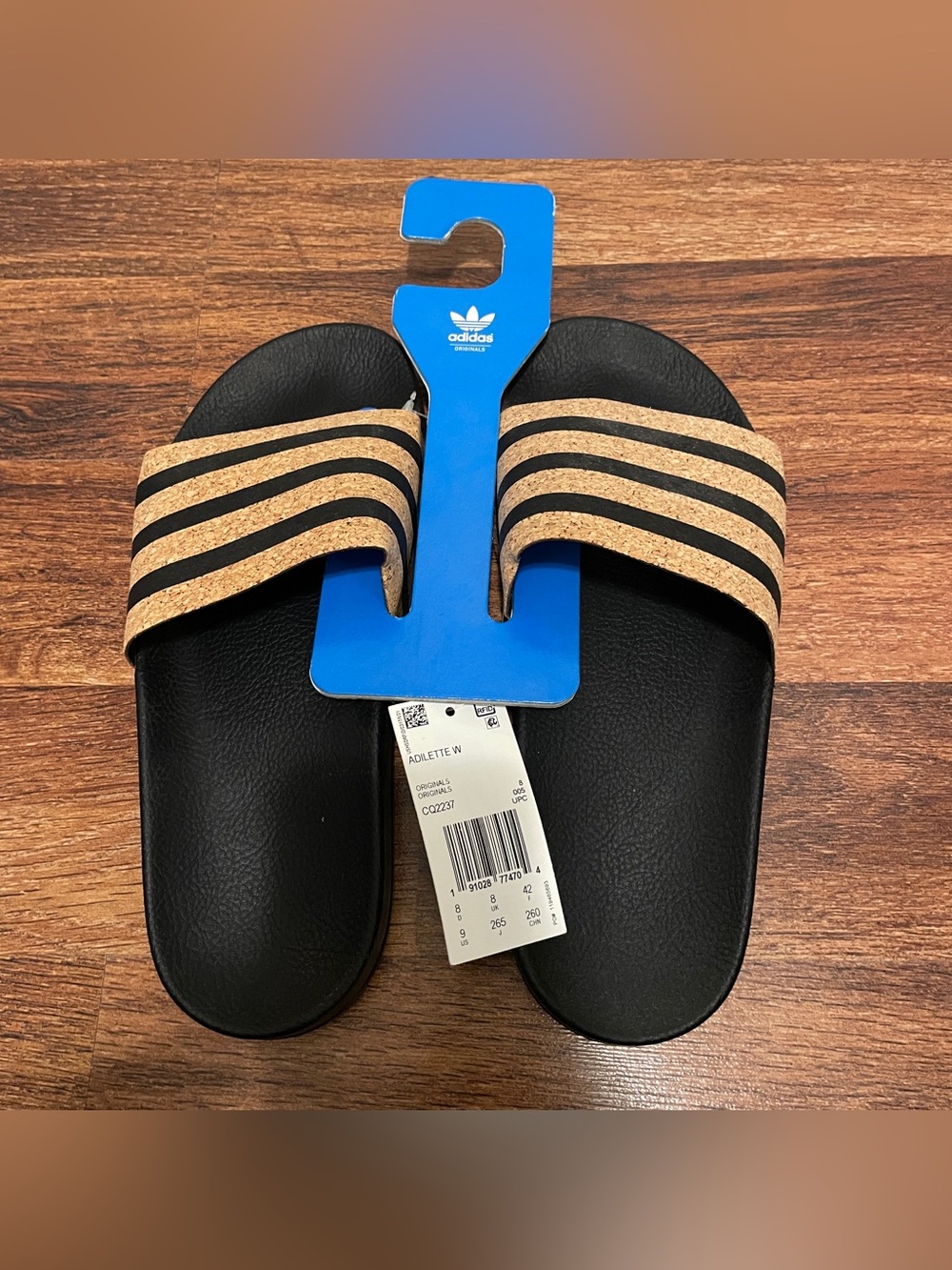 New adidas Black Beige Striped Slide Sandals Synthetic Upper Women's Size 9 US